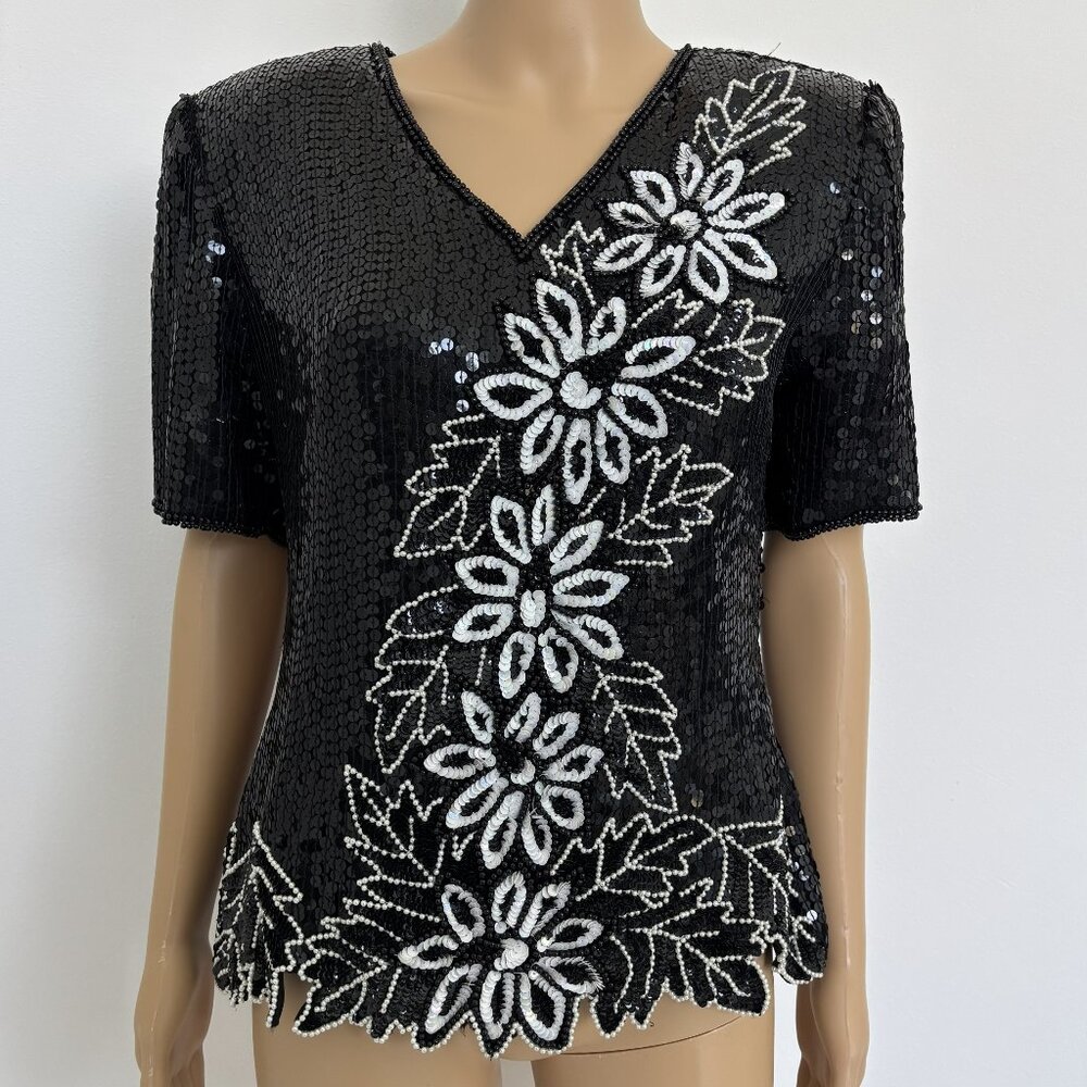 Vintage Stenay Black & White beaded Sequin Top